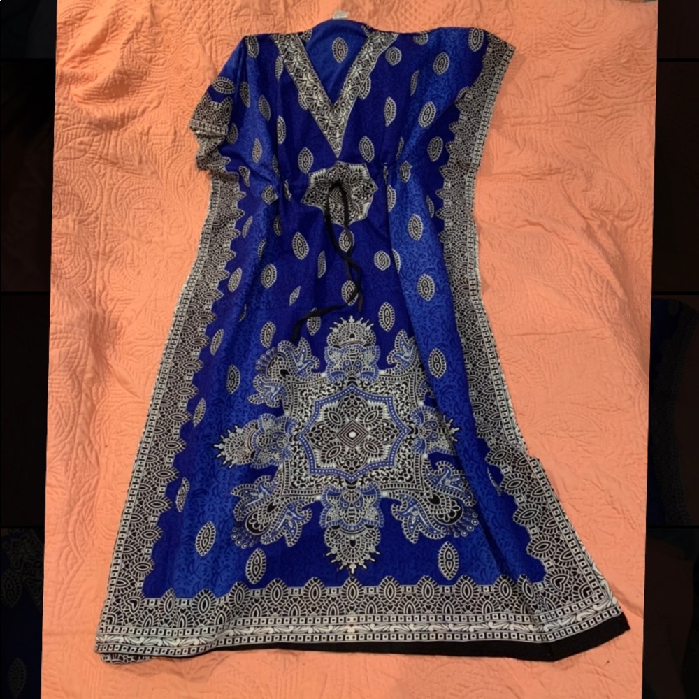 Cobalt Royal blue beach cover up dress One size fits most long mandala design